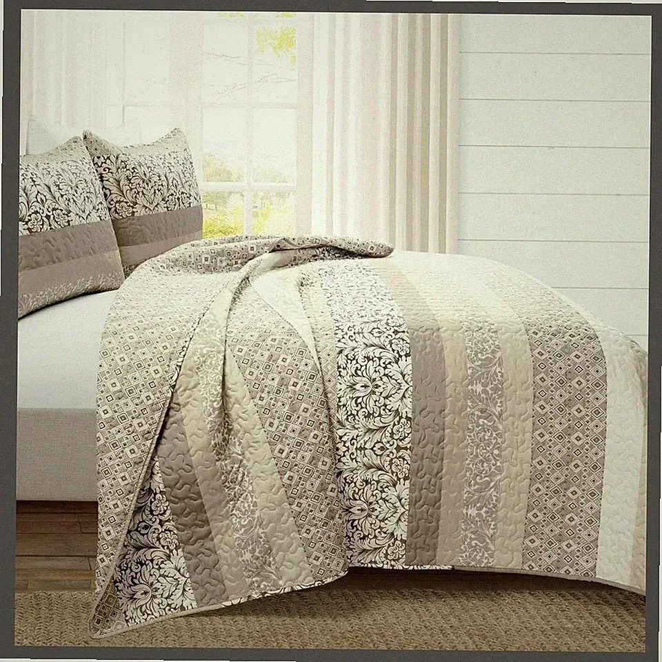 $230 Lush Decor Boho Stripe Neutral Beige Taupe 100% Cotton Full/Queen Quilt Set