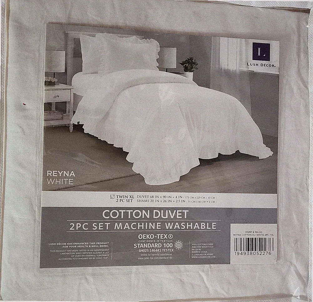 2PC Bedding Set Lush Decor Reyna Ruffle 100% Cotton Duvet Cover Twin XL, White