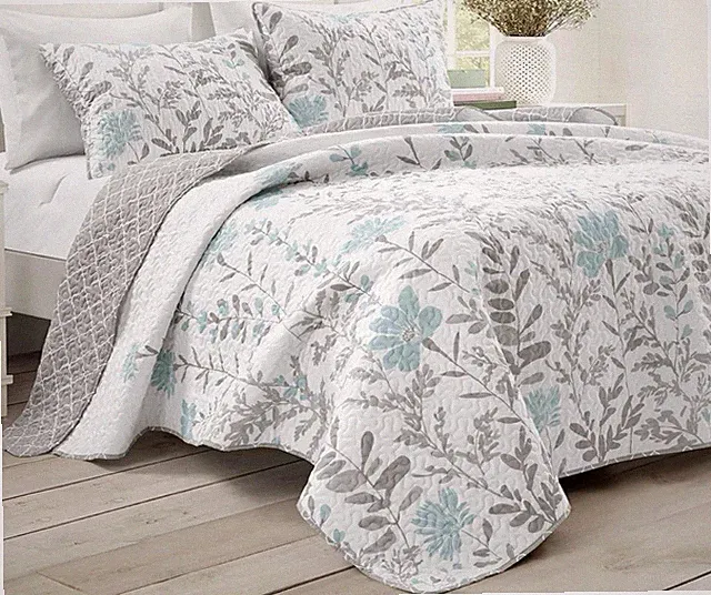 Lush Décor Aprile Blue/Gray King Quilt Set Botanical Reversible Polyester