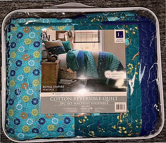 Lush Décor Royal Empire Peacock Reversible Quilt 3 Piece FULL QUEEN Set Blue NWT