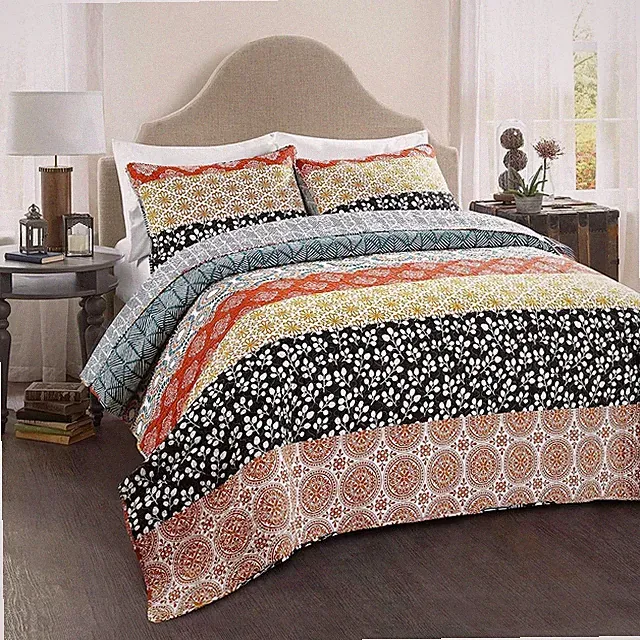 Lush Decor Bohemian Stripe Reversible Cotton Quilt Set King Size Turquoise 3