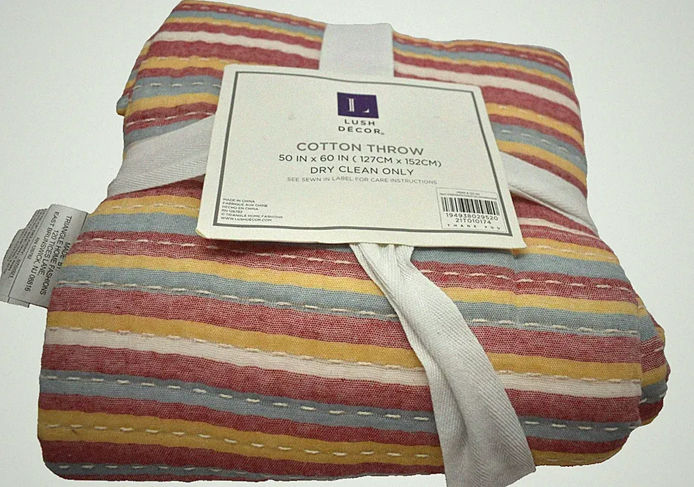 Lush Decor Cotton Throw Blanket 50" x 60" Tracy Stripe Kantha Rust Red Yellow