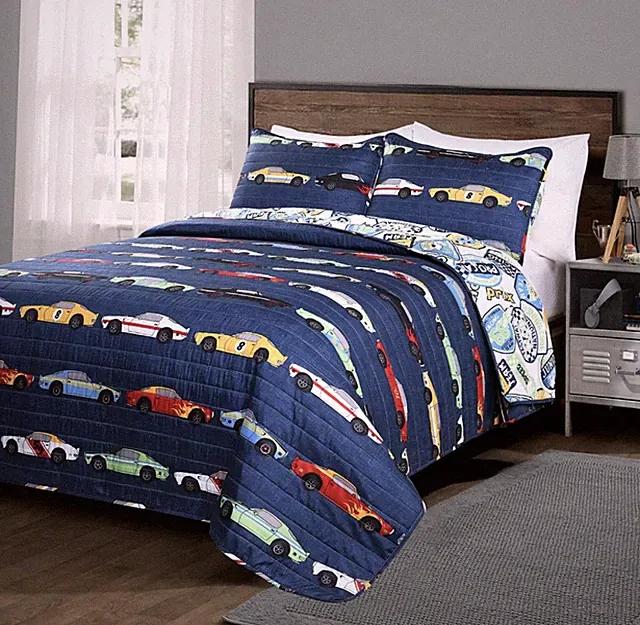 Lush Decor Dcor Queen, Navy Race Car 3-Piece Quilt, Reversible Bedding Set
