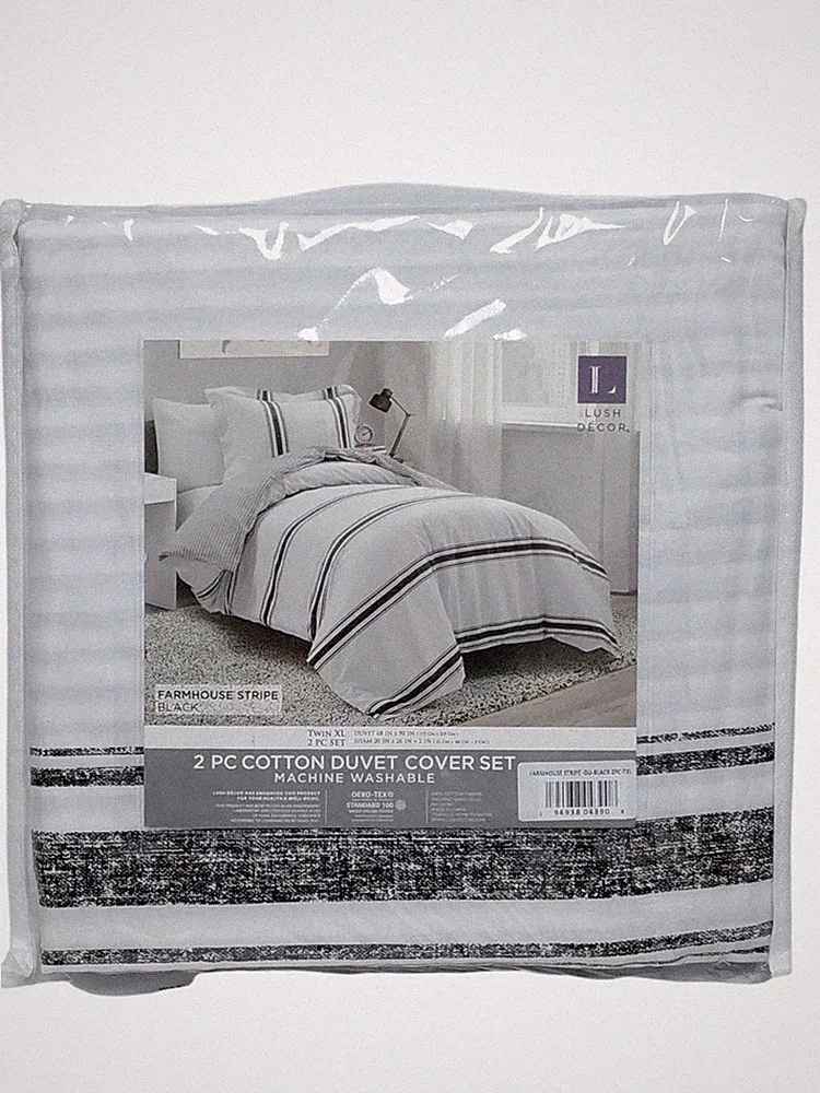 Lush Decor Farmhouse Stripe Black 2 PC Cotton Duvet Cover Set Twin XL