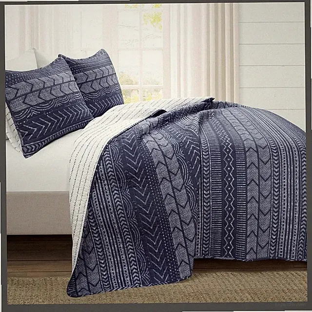Lush Decor Hygge Geo Geometric Navy Blue 100% Cotton KING Quilt Set 3pc