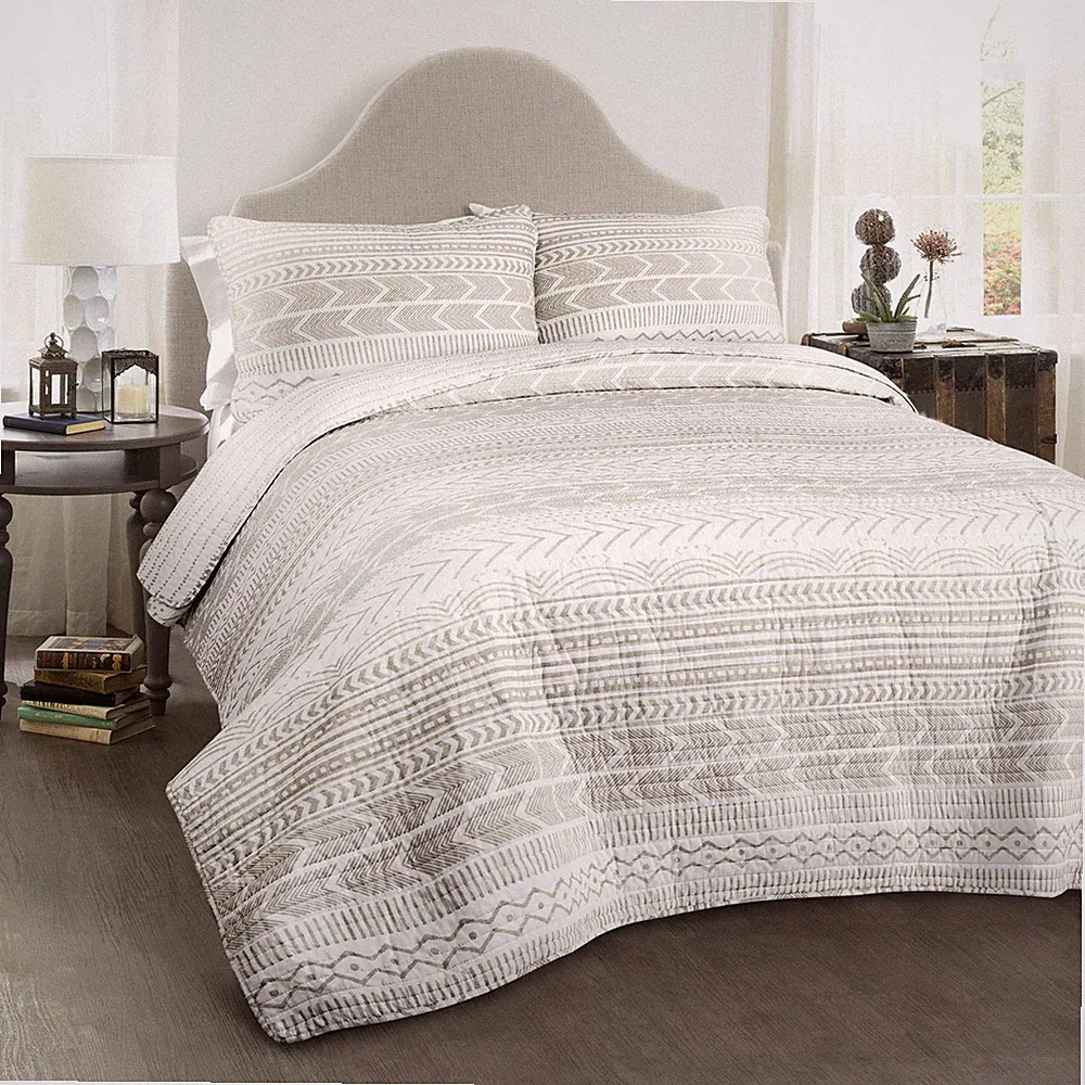 Lush Decor Hygge Geo Pattern Striped 3 Piece Quilt Bedding Set, Full/Queen, Taup