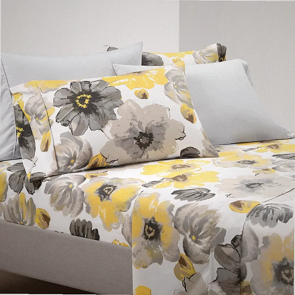 Lush Decor Leah Yellow Gray Floral Queen Sheet Set 6 Piece Bedding Set