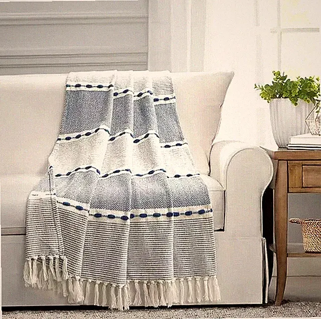 Lush Decor Navy Herringbone Striped Throw Blanket with Tassels - 50x60
