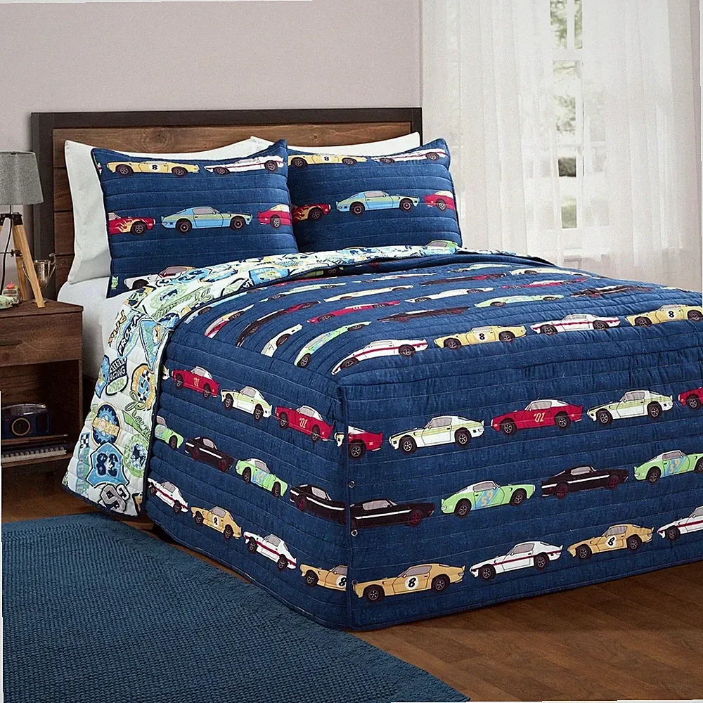 Lush Decor Navy Race Car Kids' 3-Piece Bedspread Set, Reversible Bedding Set...