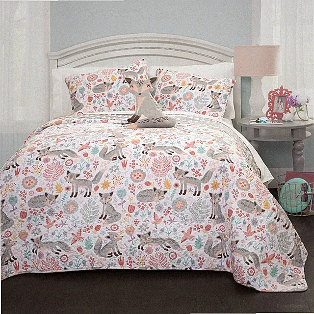 Lush Decor Pixie Fox Reversible Quilt Set 4 Piece Full Queen Gray Pink Girls Twi