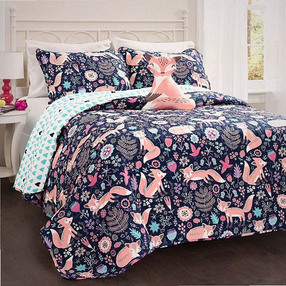 Lush Decor Pixie Fox Reversible Quilt Set 4 Piece Twin Full Navy Pink Kids Girls
