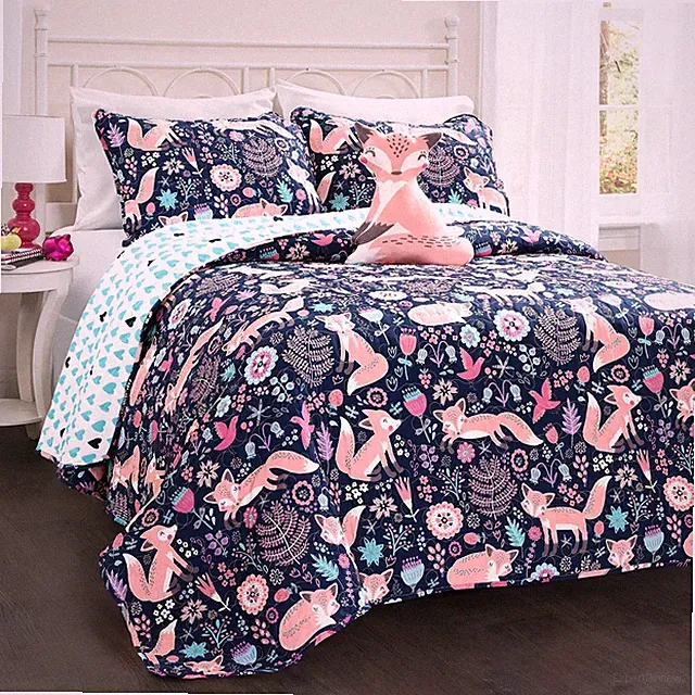 Lush Decor Pixie Fox Reversible Quilt Set, Full/Queen, Navy & Pink, 4 Piece