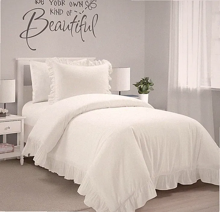 Lush Decor Reyna White Cotton Duvet Cover Set Twin XL 2 Piece Ruffle Bedding