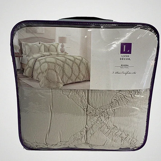 Lush Decor Riviera 3 Piece Comforter Set Queen Neutral Shams and Comforter OPEN
