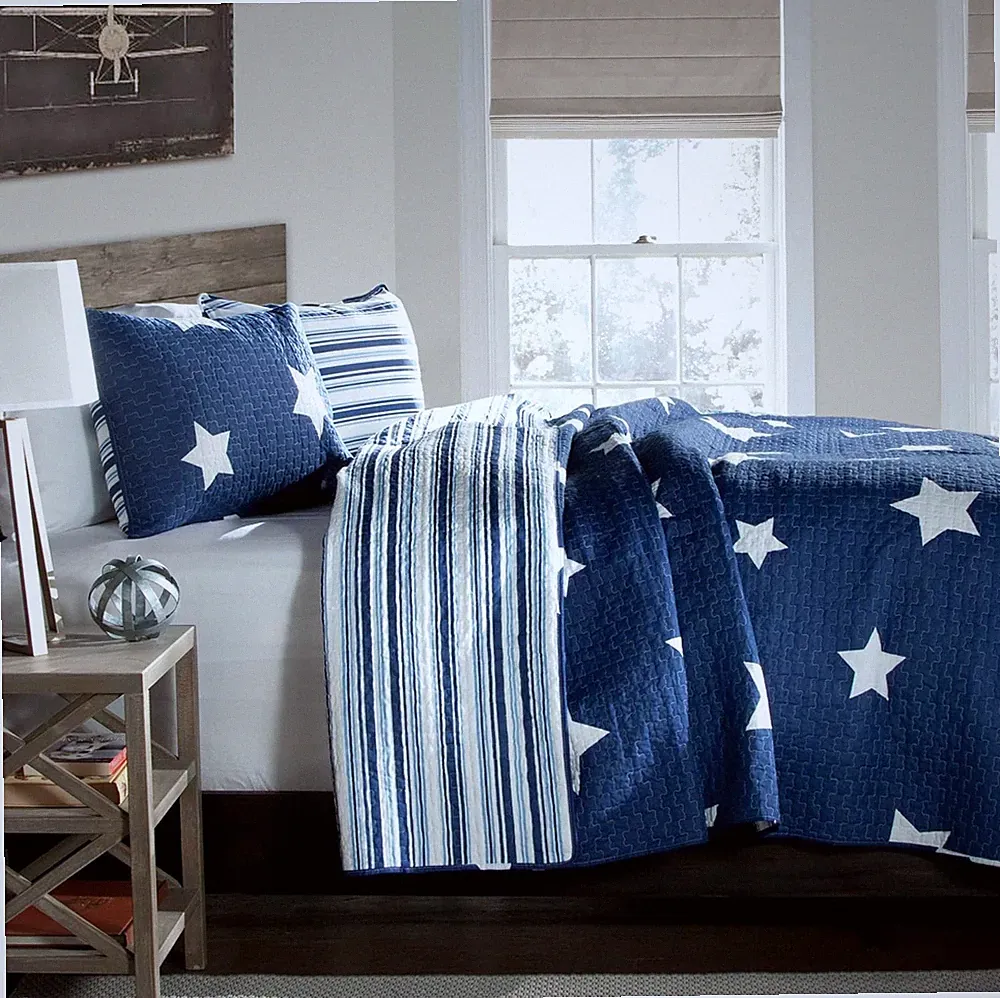 Lush Decor Star Quilt - Reversible 2 Piece Pattern Striped Bedding Twin, Navy