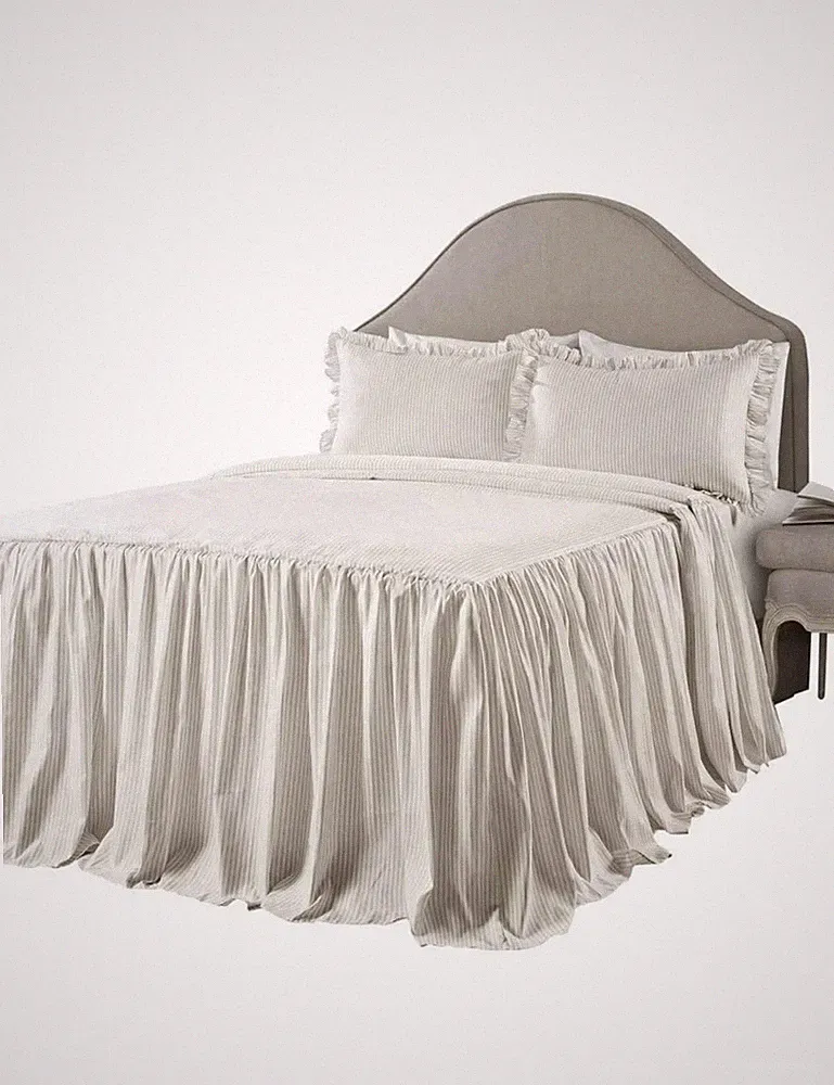 Lush Decor Ticking Stripe Bedspread Queen Size 3 Piece Set Wheat Ruffle Bedd...