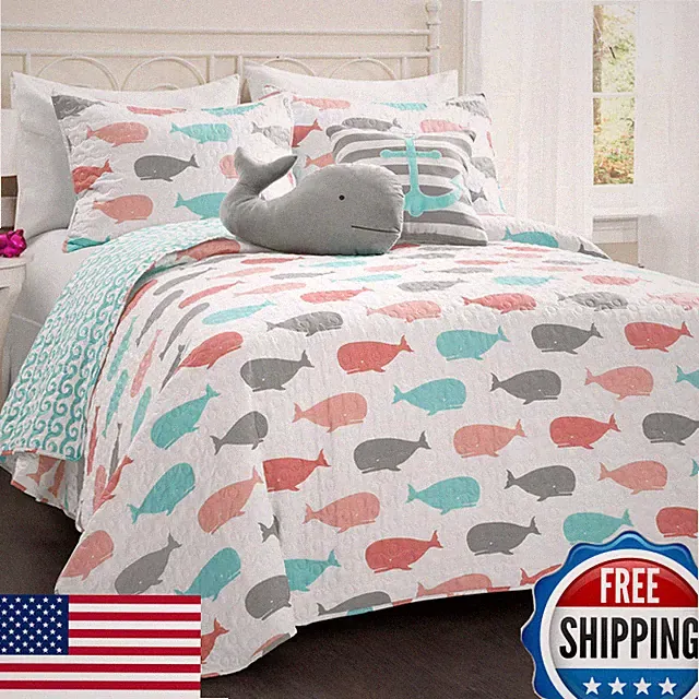 Lush Decor Whale Kids Reversible 4 Piece Quilt Bedding Set Sham And Decorative