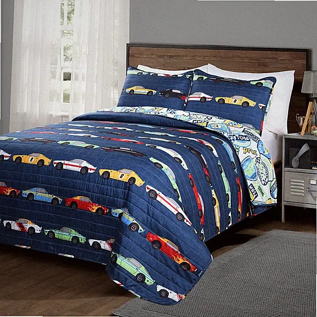 Navy Race Car Bedding Set Full Queen Reversible Quilt with 2 Pillow Shams