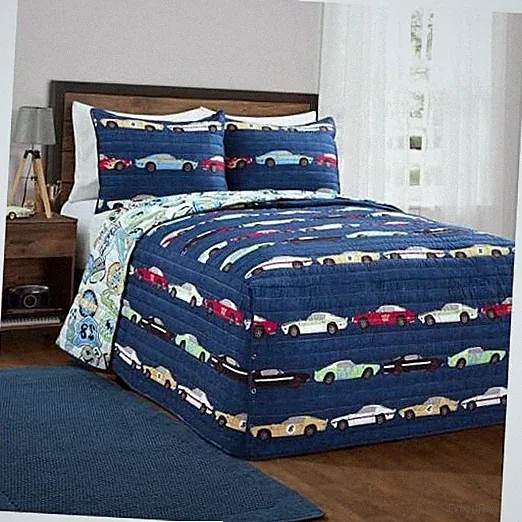 Navy Race Car Kids' 3-Piece Set, Reversible Full Navy and Blue Bedspread