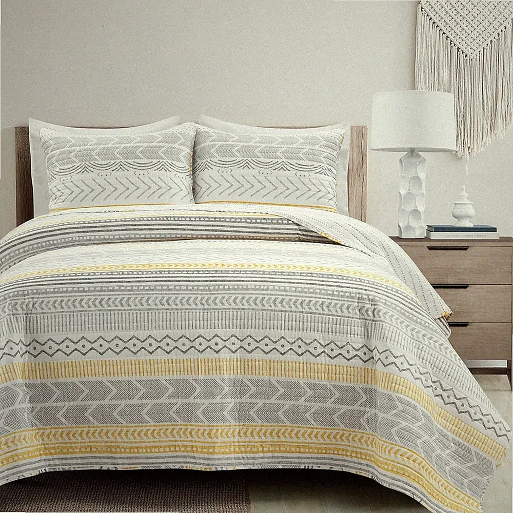New Lush Decor Hygge Geo Pattern Striped 3 Piece Quilt Bedding Set, Full/Queen