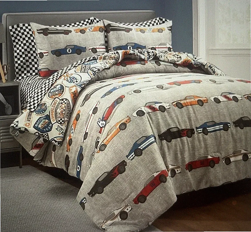 NEW! Lush Decor Race Cars Soft Reversible 7 Piece Quilt Set Full/Queen Gray