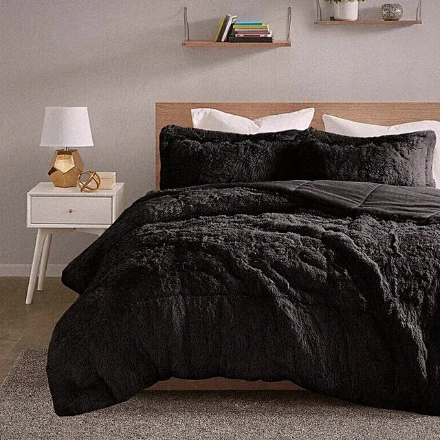 NEW! ~ ULTRA SOFT PLUSH CHIC MODERN BLACK FAUX FUR FLUFFY LUSH COMFORTER SET