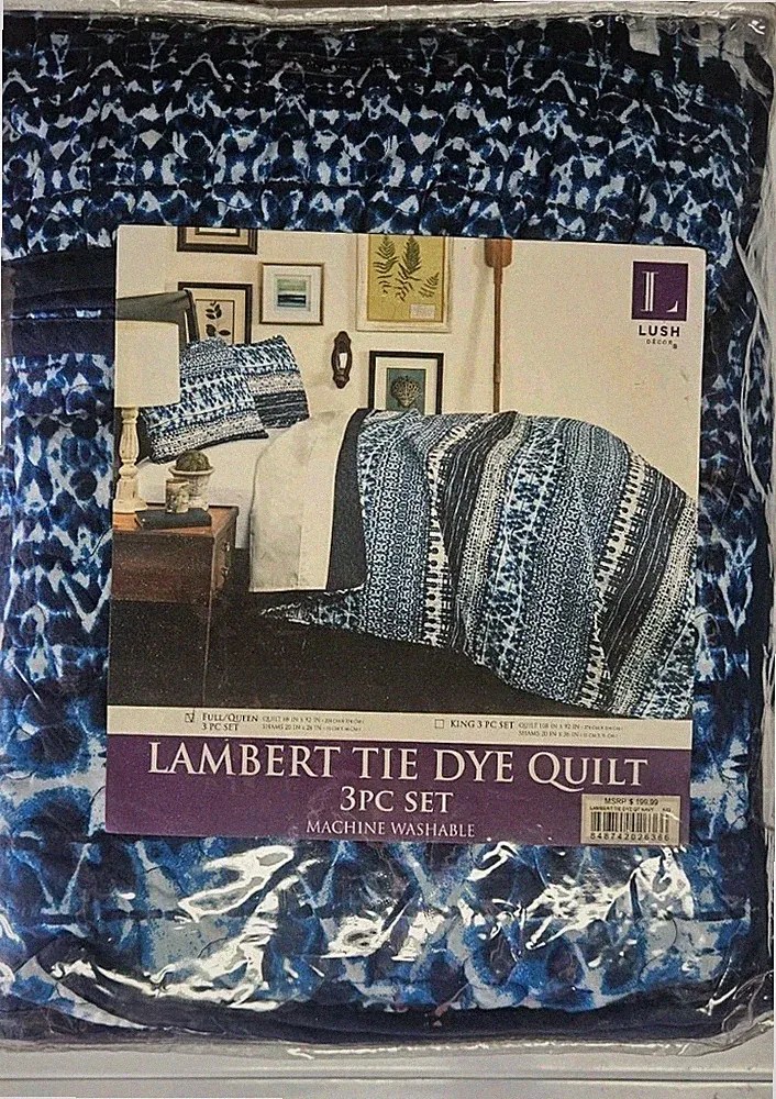NIB $199 Lush Decor LAMBERT TIE DYE QUILT 3pc Set Navy Queen 88x92. Shams 20x26