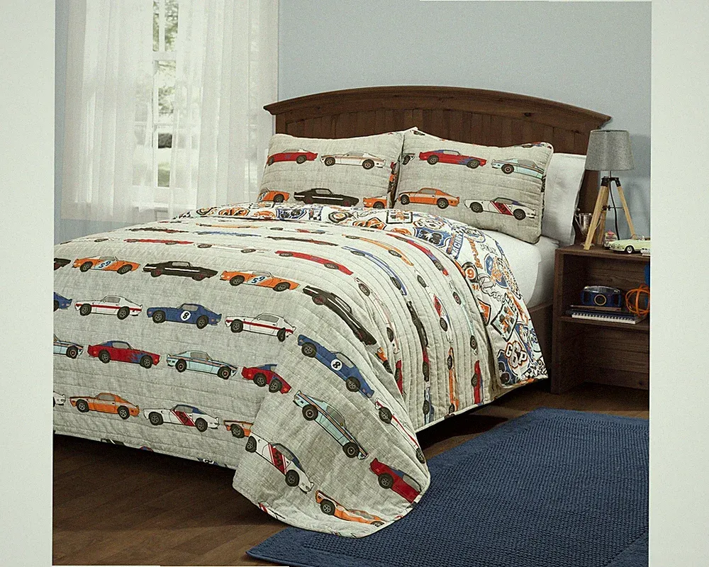 Race Car Kids 3piece Quilt Bed Set Reversible Bedding Set For Boys Blue Orang