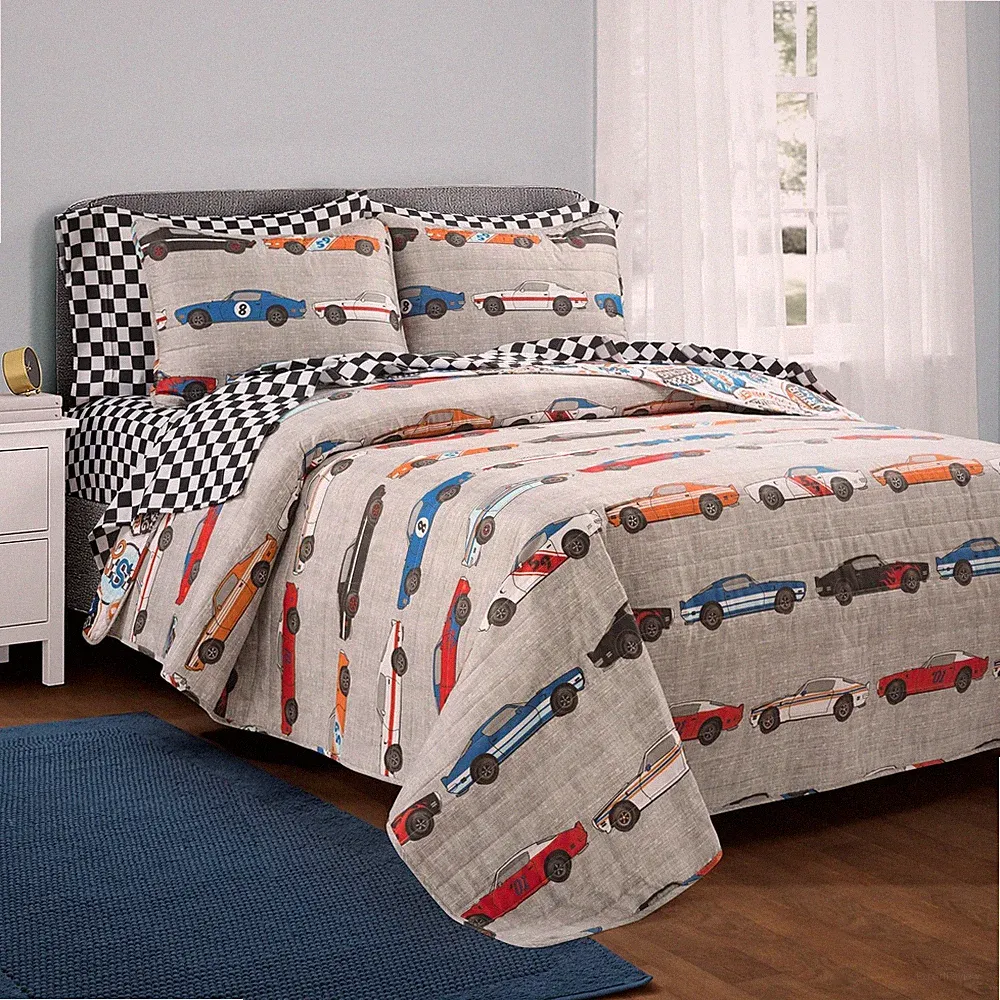 Race Car Theme Bedding Set Queen Blue Orange Quilt and Checkered Sheets