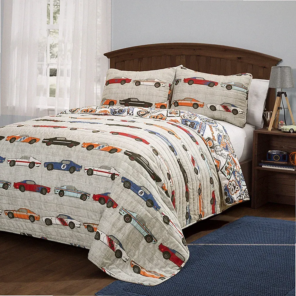 Vintage Race Car Reversible Quilt Set Full Queen 3 Piece Bedding with Shams